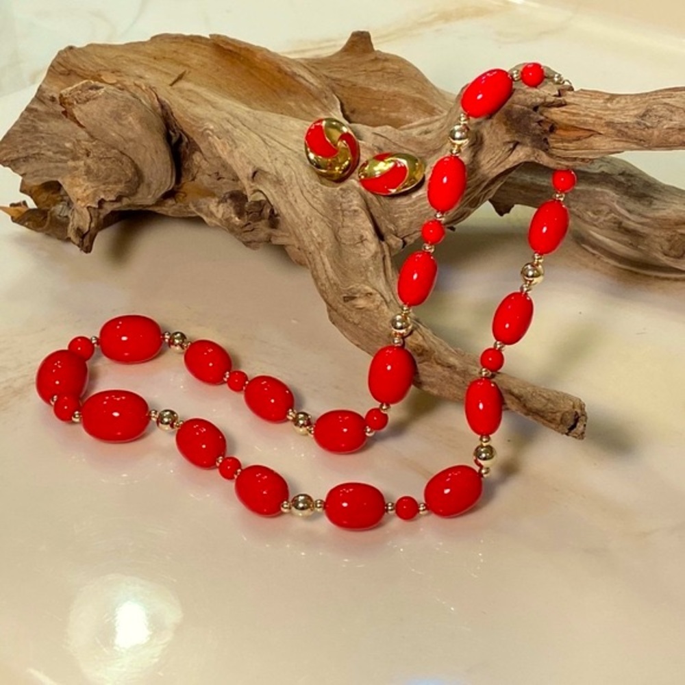 Vintage Monet Red & Gold Bead Necklace & Earrings